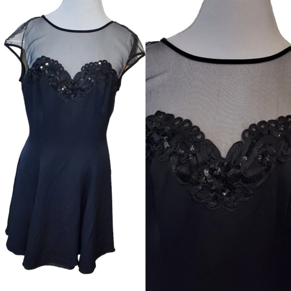 Vintage 90s Black‎ Sparkly Sequins Mesh Fit N Flare Formal Dress LBD NWT Sz 14